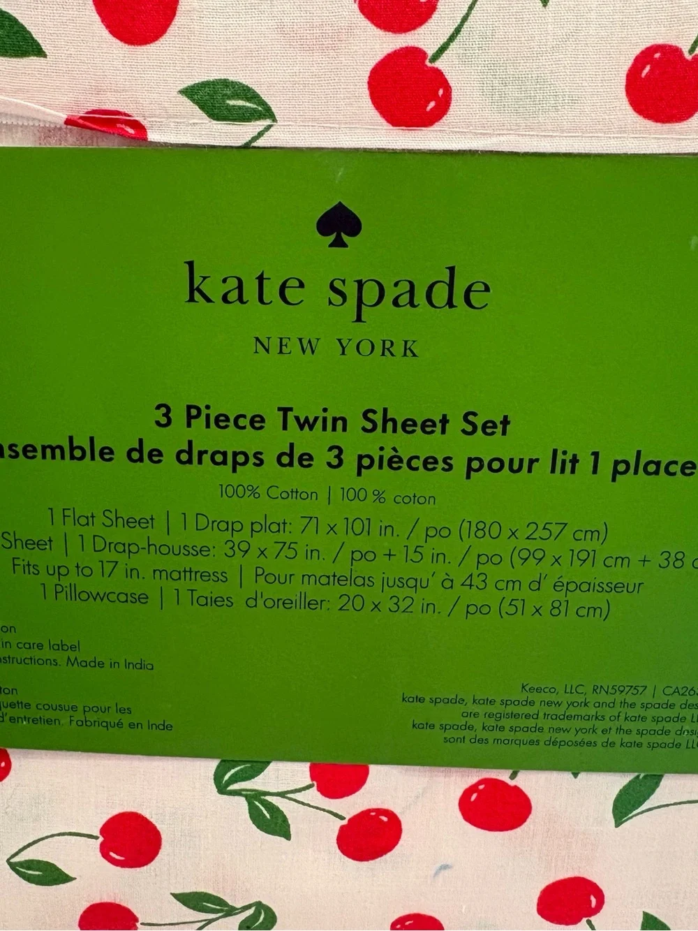 NEW kate spade Pink Cherry Twin Sheet Set “Cherry Toss” Pattern